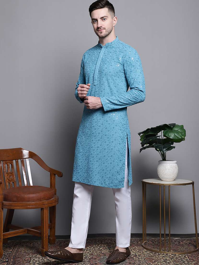 sequin embroidered pure cotton kurta with pyjamas
