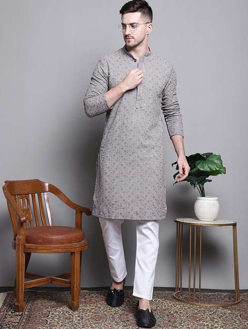 sequin embroidered pure cotton kurta with pyjamas - 20182064 - Standard Image - 0