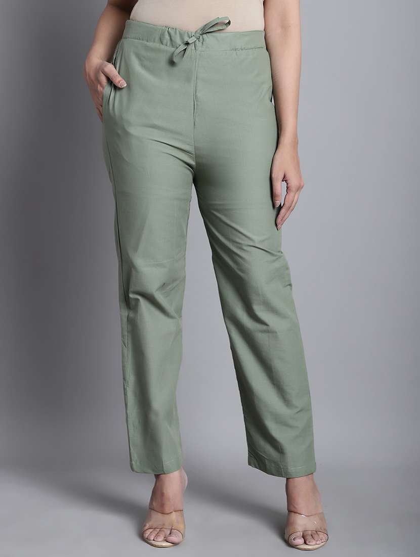 green solid straight ankle length pant