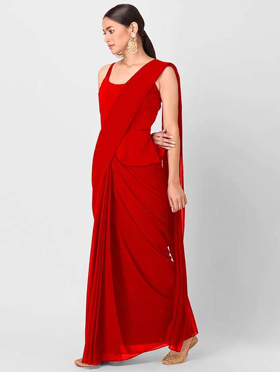 women's solid red colored saree with blouse - 20183628 -  Standard Image - 1