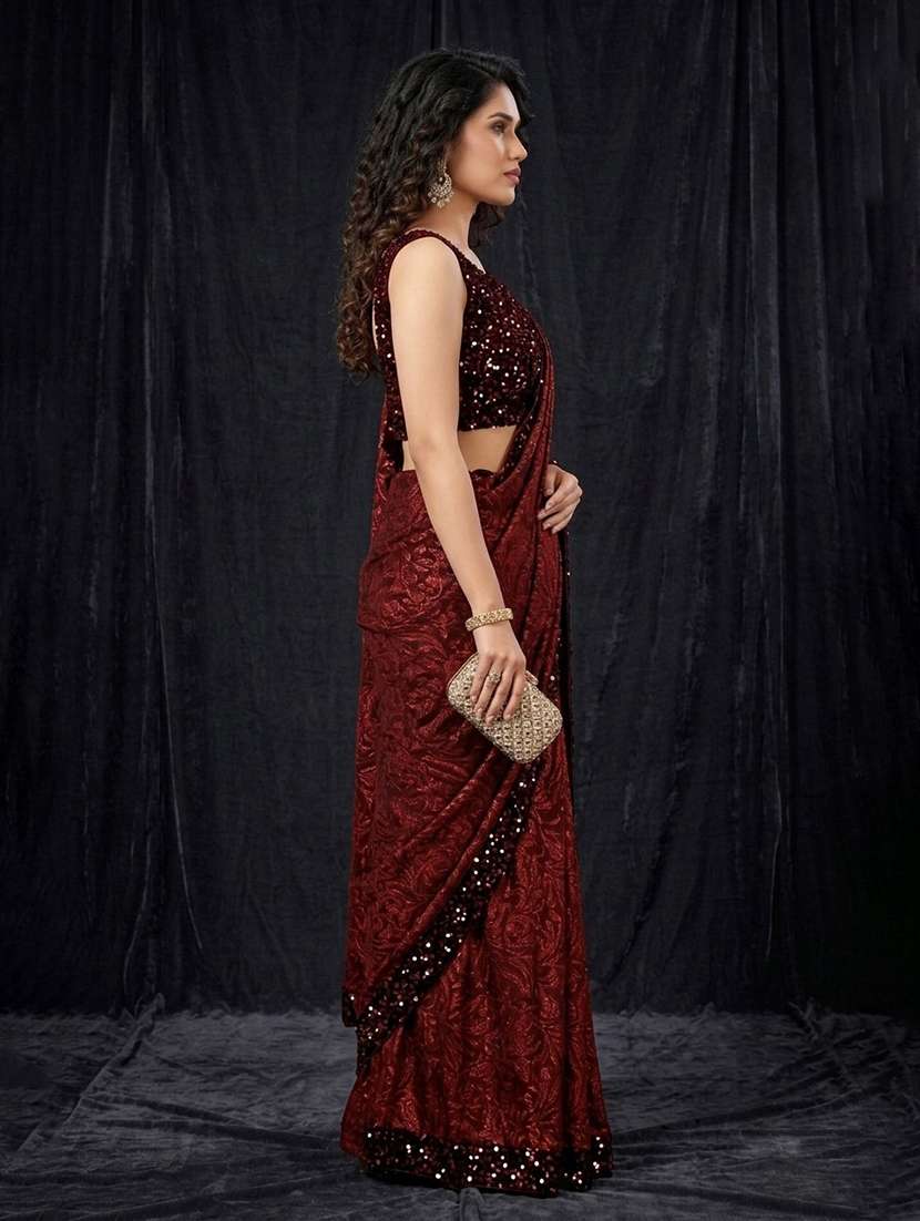 women's velvet embellished saree with blouse - 20183631 -  Standard Image - 1