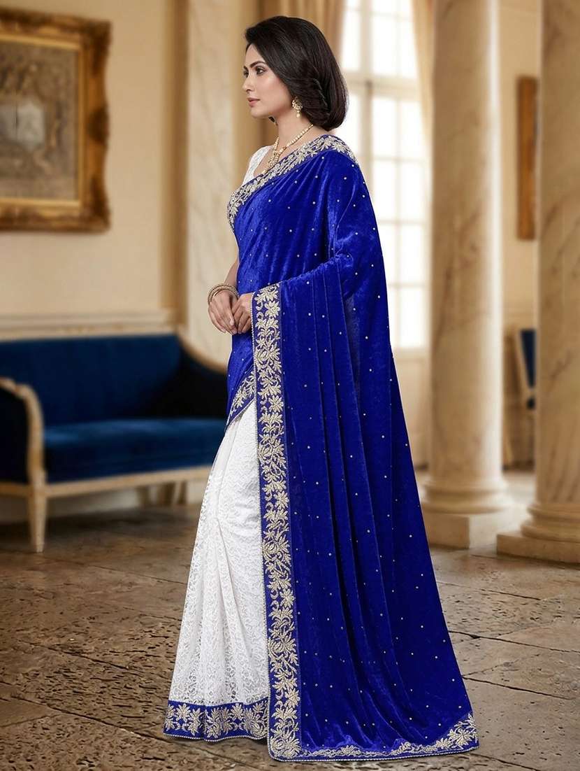 white & blue self design velvet saree with blouse - 20183633 -  Standard Image - 1