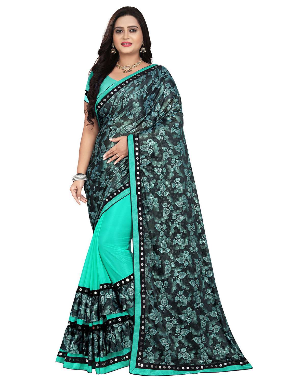 women's printed light blue colored saree with blouse - 20183729 - Zoom Image - 0