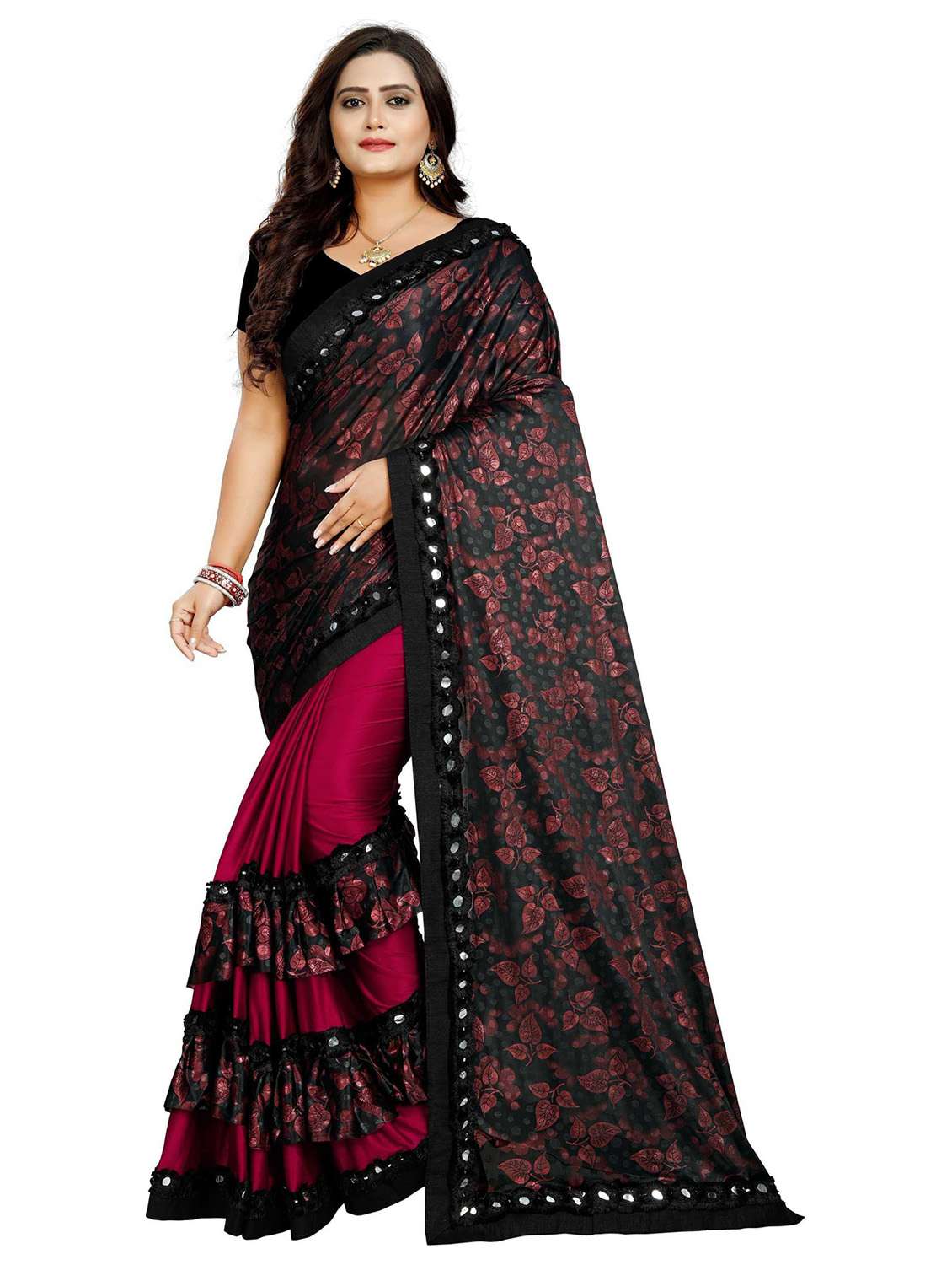 women's self design maroon colored saree with blouse