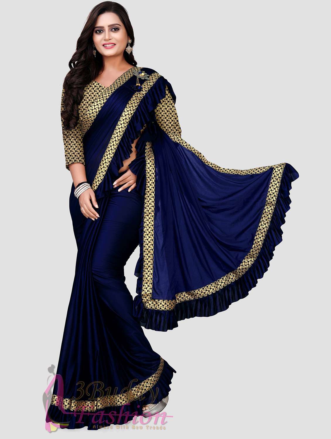 women's bordered blue colored saree with blouse