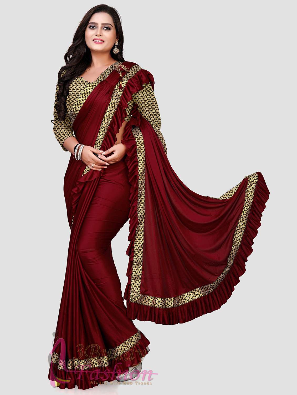 women's bordered red colored saree with blouse