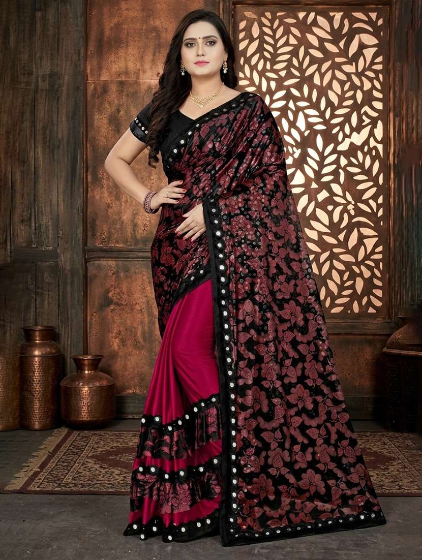 women's floral maroon colored saree with blouse