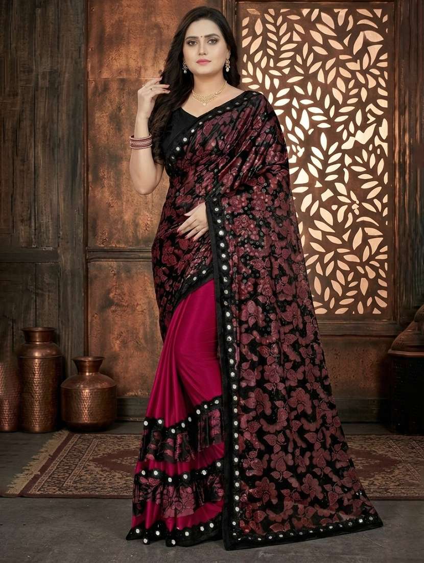women's floral maroon colored saree with blouse - 20183827 -  Standard Image - 1