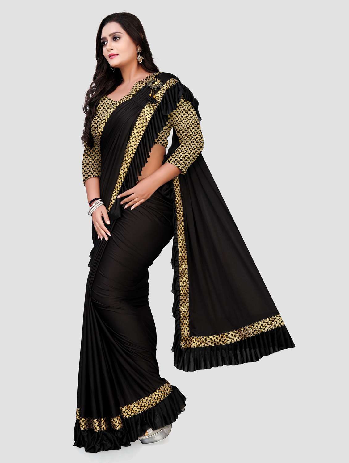 women's bordered black colored saree with blouse - 20183829 -  Standard Image - 1