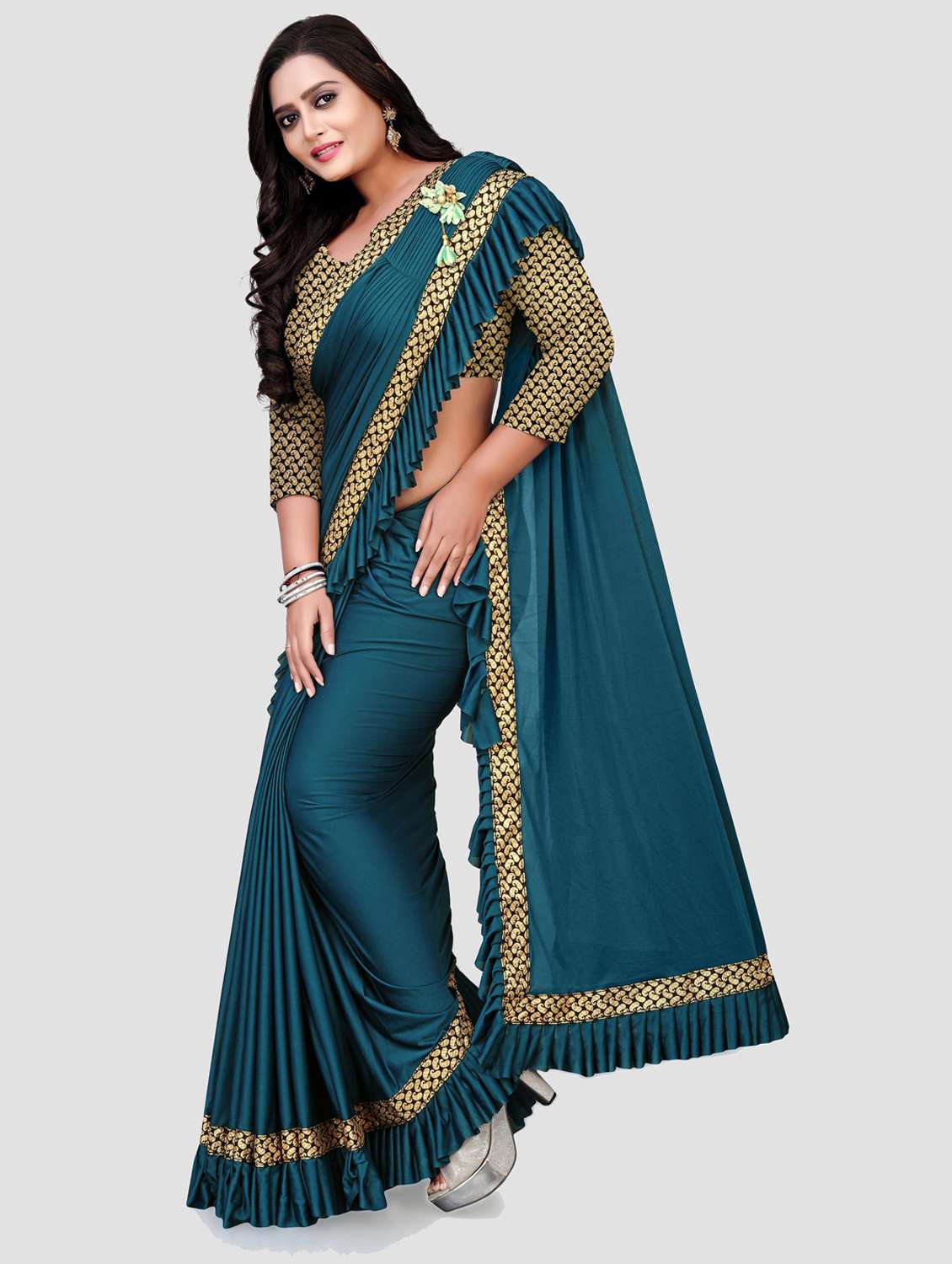 women's bordered royal blue colored saree with blouse - 20183844 -  Standard Image - 1