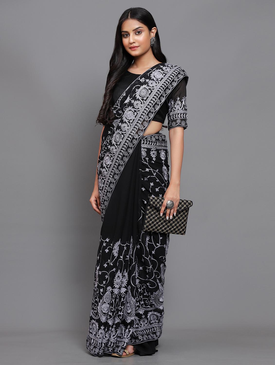 black self design embroidered saree with blouse - 20183867 - Standard Image - 1