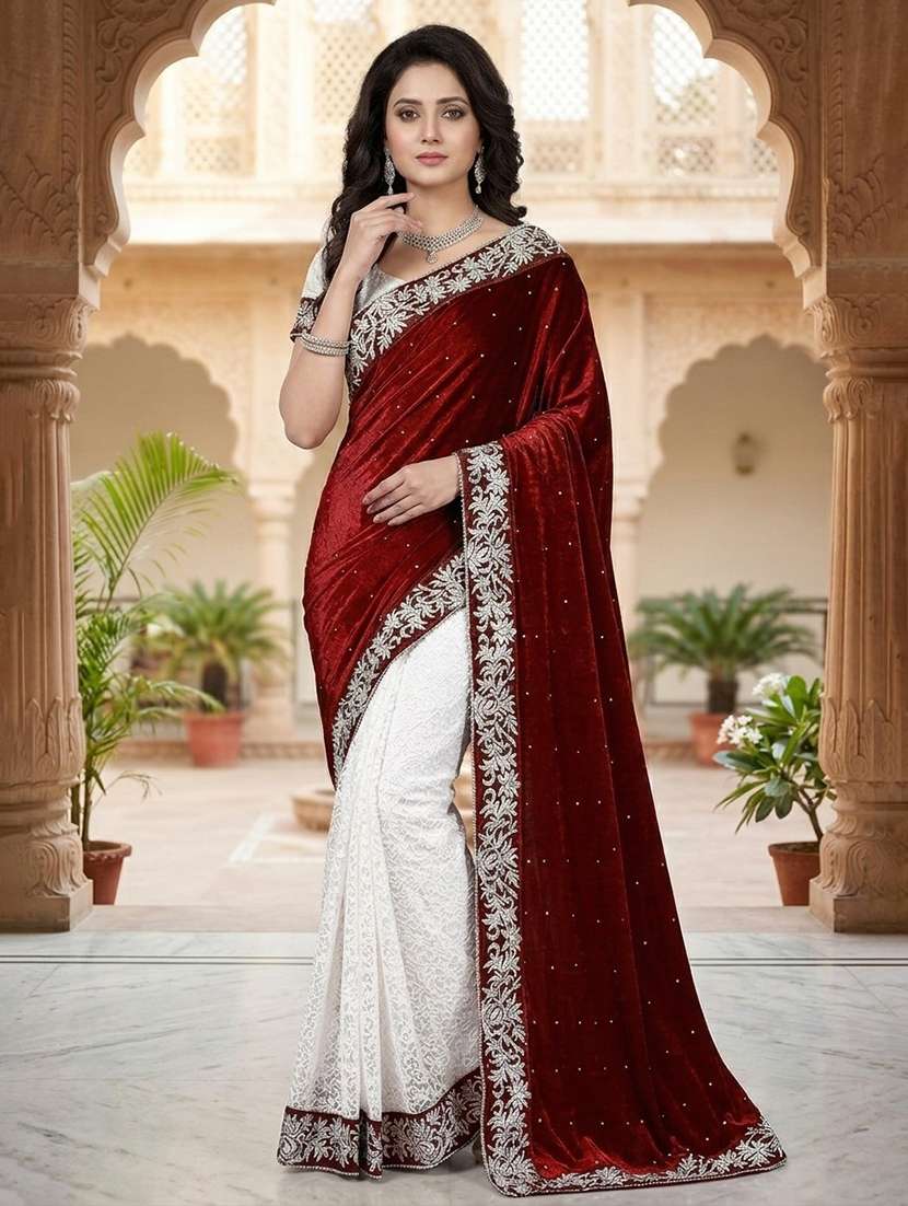 women maroon half & half saree with blouse - 20183876 -  Standard Image - 1