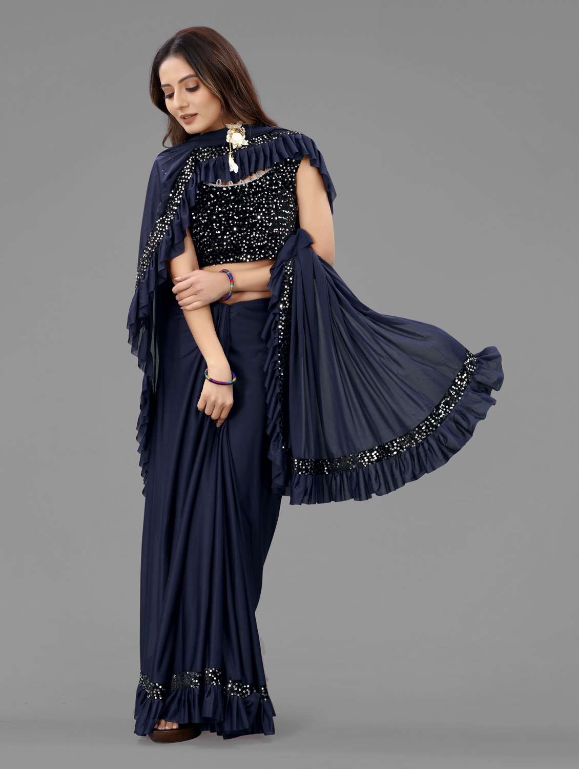 women's solid with work navy blue colored saree with blouse - 20183894 -  Standard Image - 1