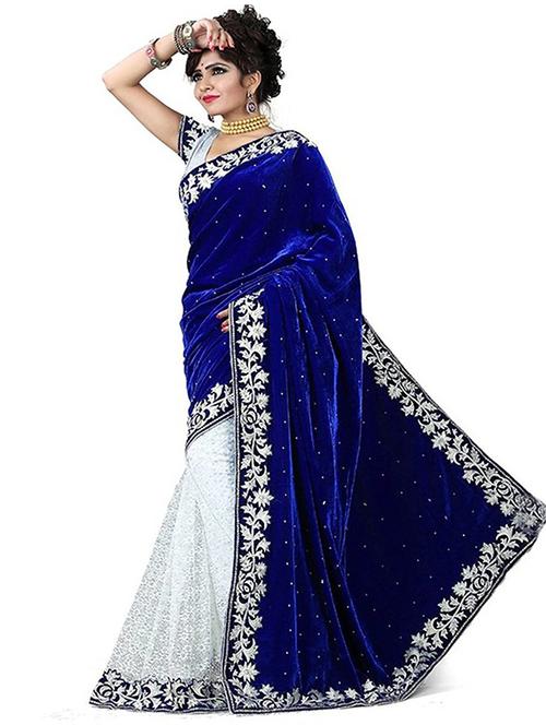 women blue self design velvet saree with blouse - 20183909 - Standard Image - 0
