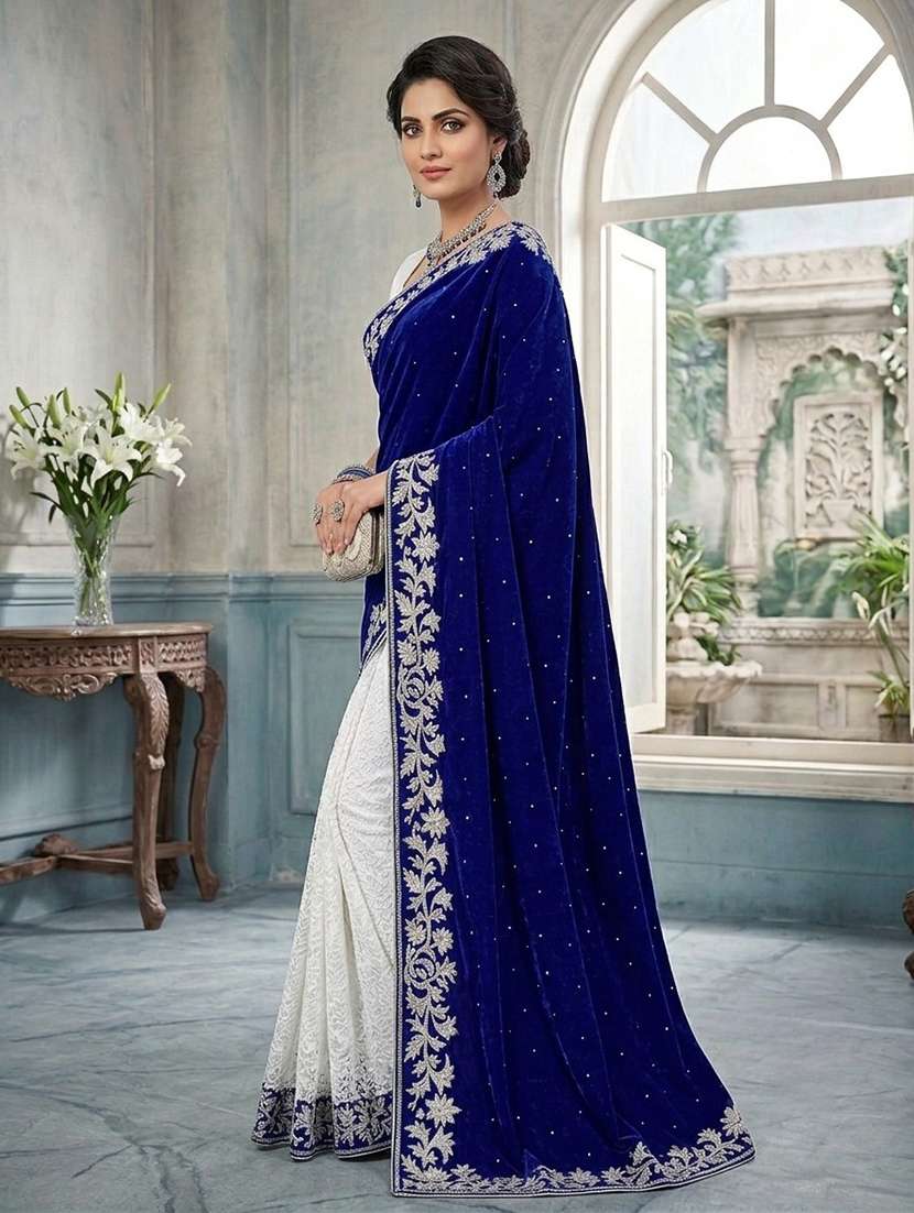 women's blue velvet and brasso half-half saree with blouse piece - 20183909 -  Standard Image - 1