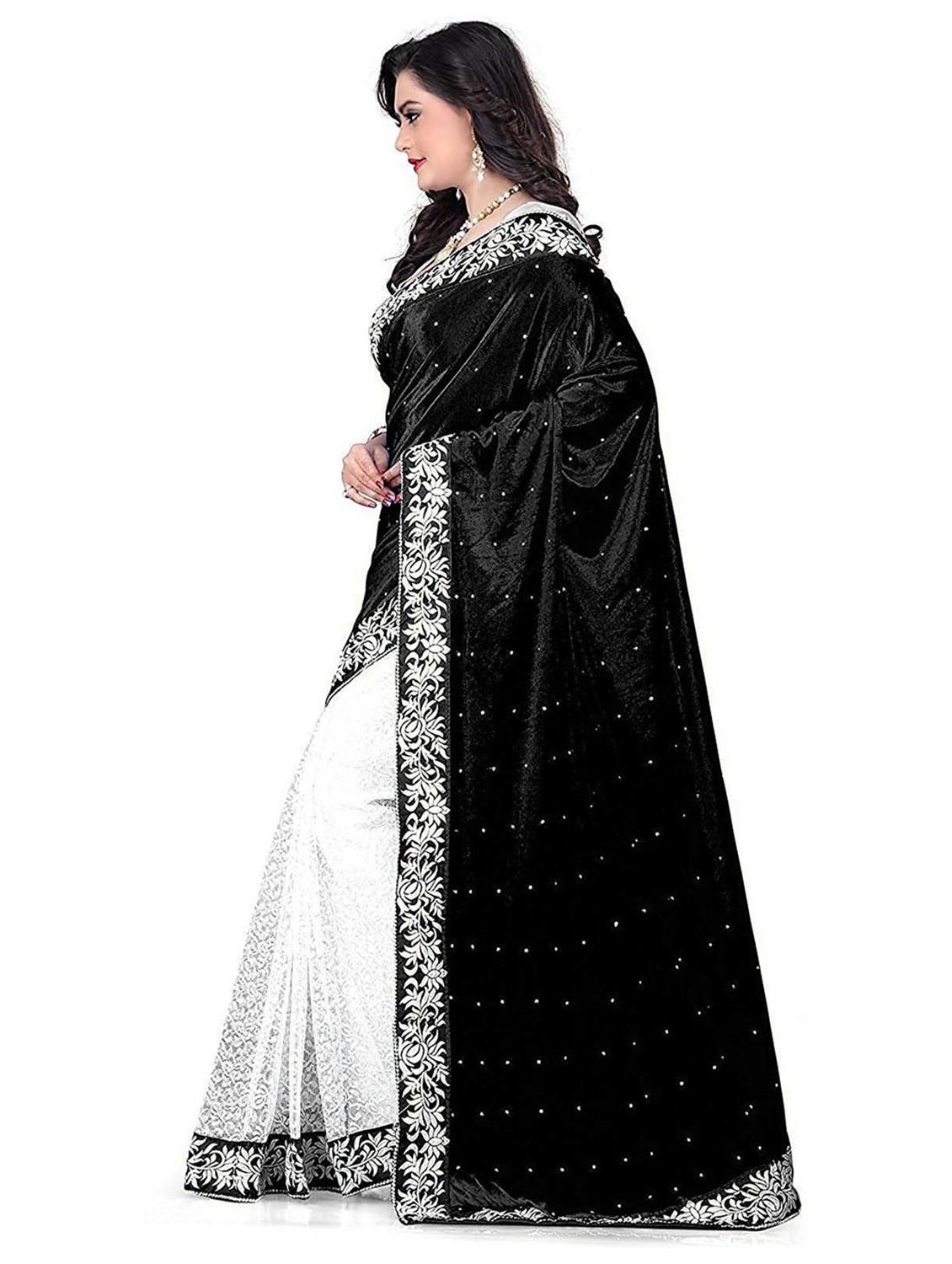 black self design velvet saree with blouse - 20183914 - Standard Image - 1