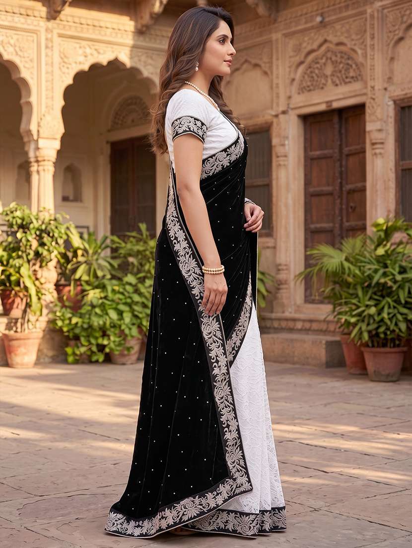 Black Self Design Velvet Saree With Blouse - 20183914 -  Standard Image - 1