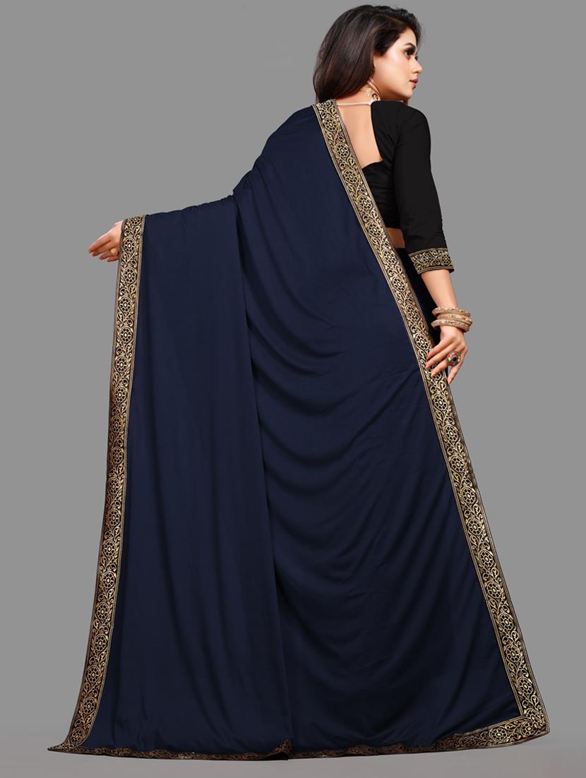 dark blue solid with bordered saree with blouse - 20183970 -  Standard Image - 1