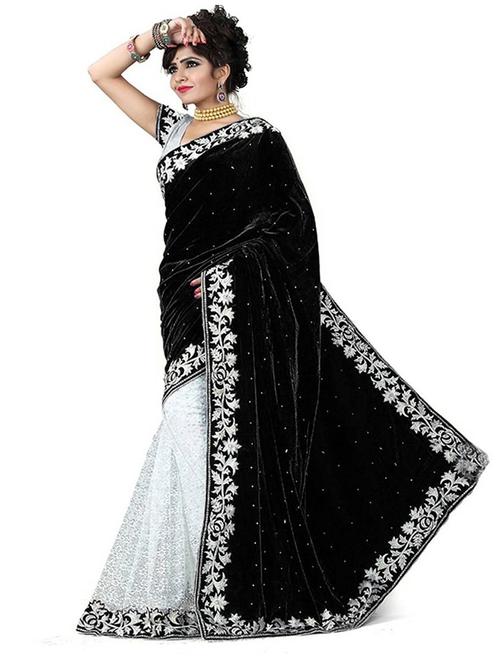 women black self design velvet saree with blouse - 20183981 - Standard Image - 0