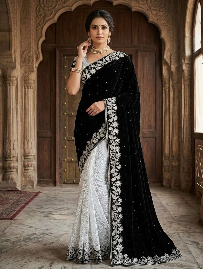 women's black velvet and brasso half-half saree with blouse piece - 20183981 -  Standard Image - 1