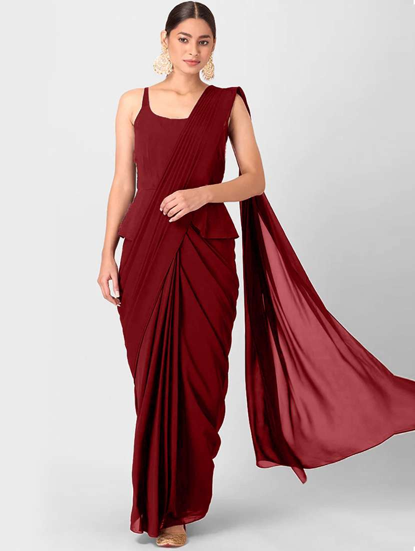 women's solid maroon colored saree with blouse