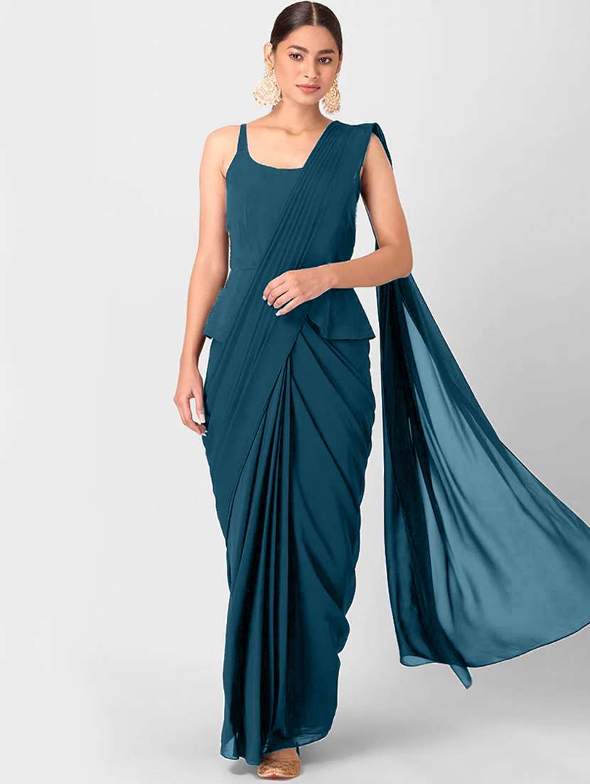 women's solid teal colored saree with blouse - 20184128 - Zoom Image - 0
