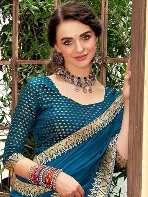 light blue solid with borders saree with blouse - 20184328 - Standard Image - 1