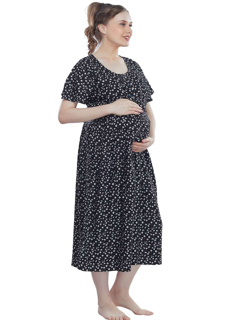 black florl print round neck short sleeves nighty - 20184591 -  Standard Image - 1