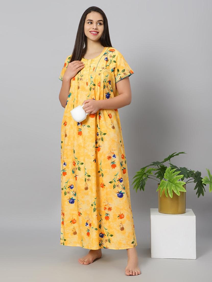yellow printed round neck short sleeves nighty - 20184672 - Standard Image - 1