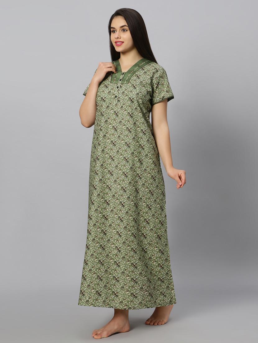 green printed v neck short sleeves nighty - 20184679 - Standard Image - 1