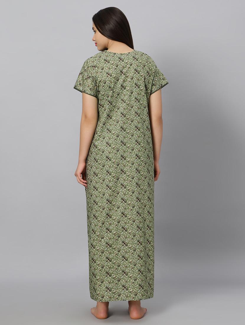 green printed v neck short sleeves nighty - 20184679 - Standard Image - 4