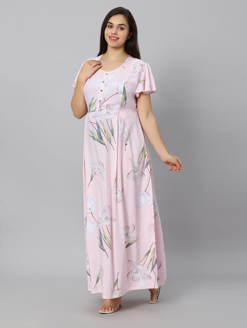pink printed round neck maternity wear nighty - 20184684 - Standard Image - 1