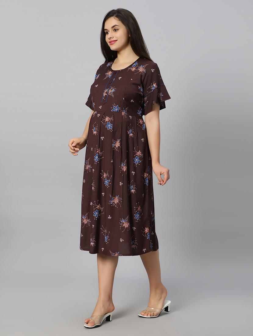 brown florals printed round neck maternity wear nighty - 20184686 -  Standard Image - 1