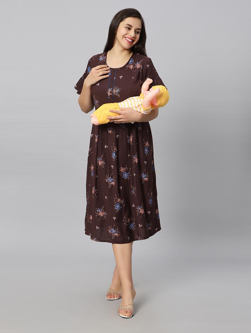 brown florals printed round neck maternity wear nighty - 20184686 - Standard Image - 4