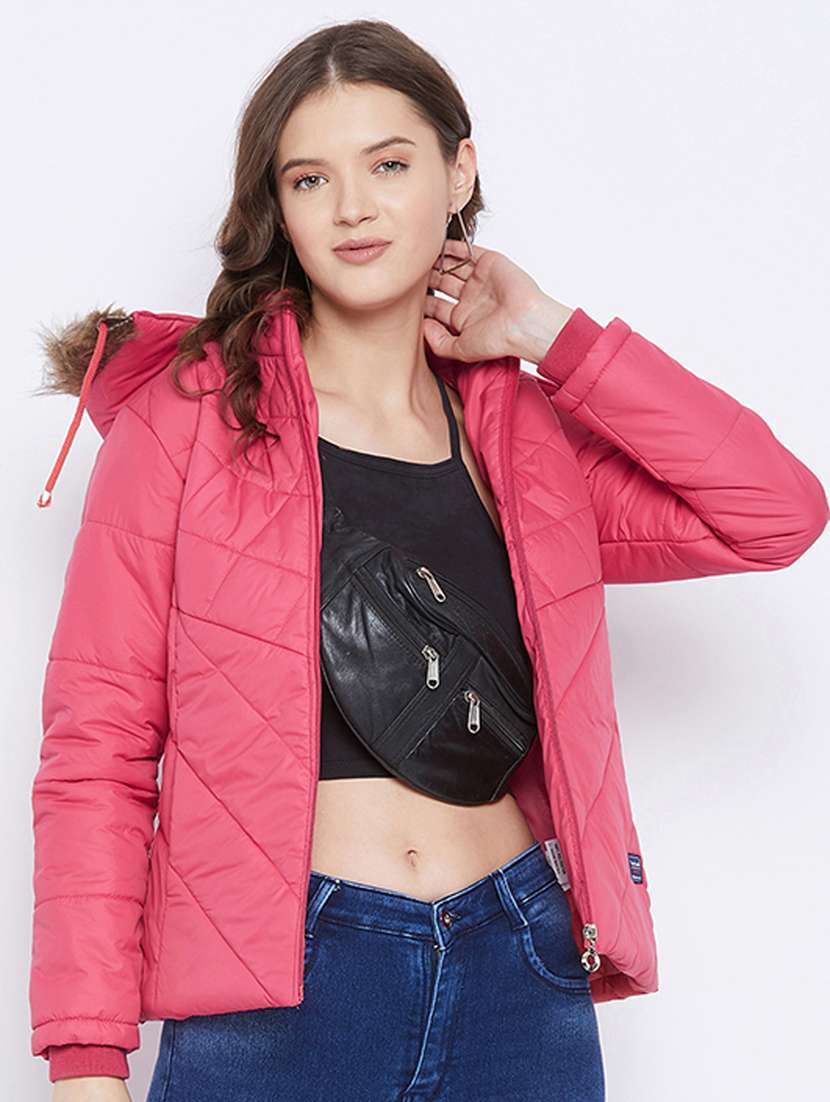 pink solid hooded long sleeves bomber jacket - 20184735 -  Standard Image - 1