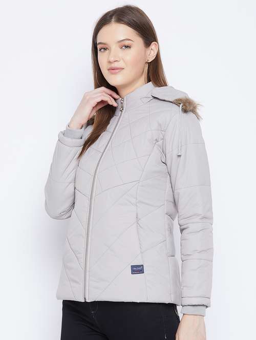 grey solid hooded long sleeves bomber jacket - 20184739 -  Standard Image - 0