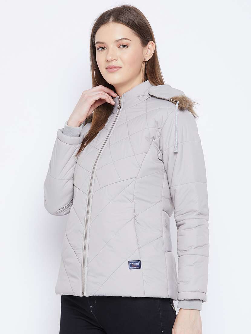 grey solid hooded long sleeves bomber jacket