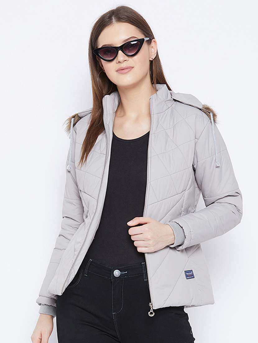 grey solid hooded long sleeves bomber jacket - 20184739 -  Standard Image - 1