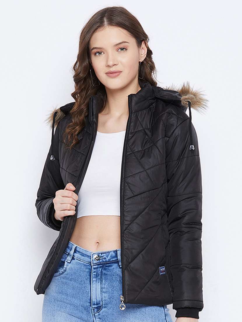 black solid hooded long sleeves bomber jacket - 20184740 -  Standard Image - 1