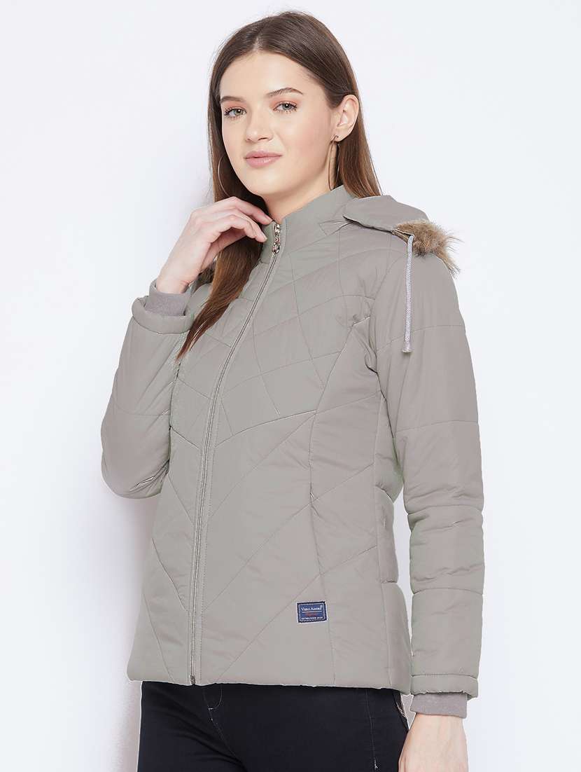 grey solid hooded long sleeves quilted jacket