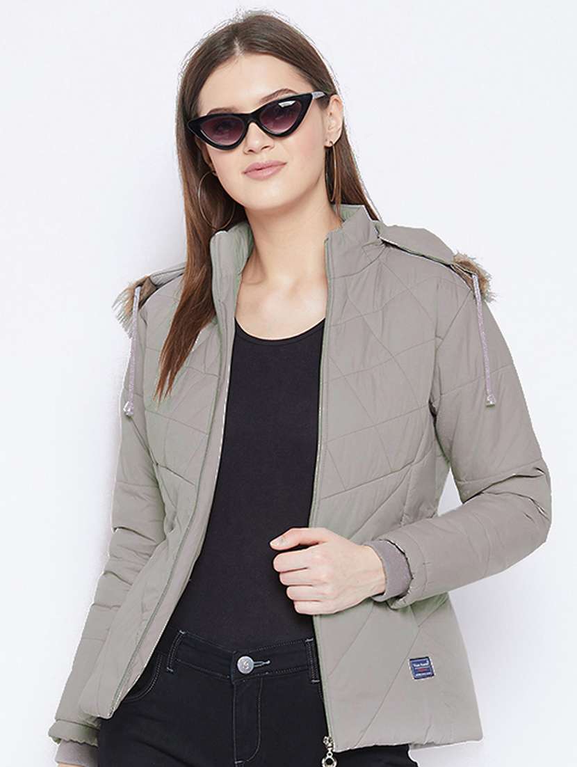 grey solid hooded long sleeves quilted jacket - 20184741 -  Standard Image - 1