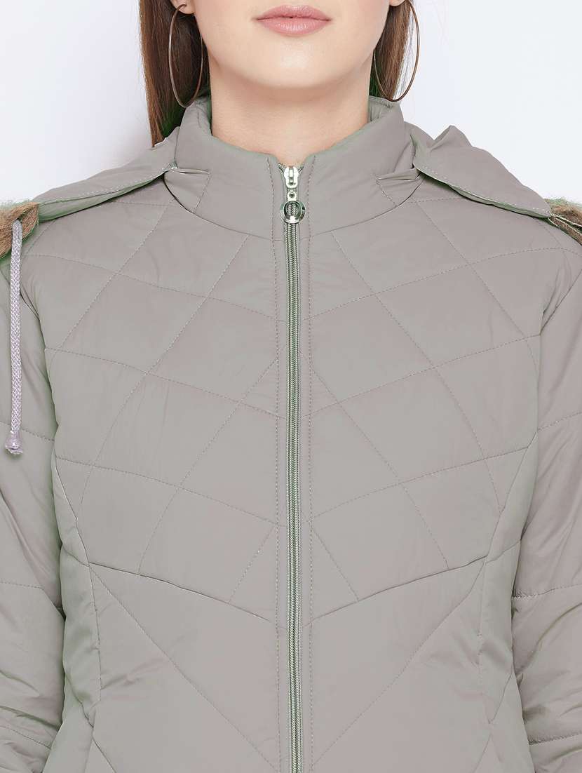 grey solid hooded long sleeves quilted jacket - 20184741 -  Standard Image - 4