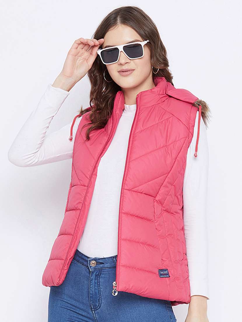 pink solid hooded sleeveless bomber jacket - 20184742 -  Standard Image - 1