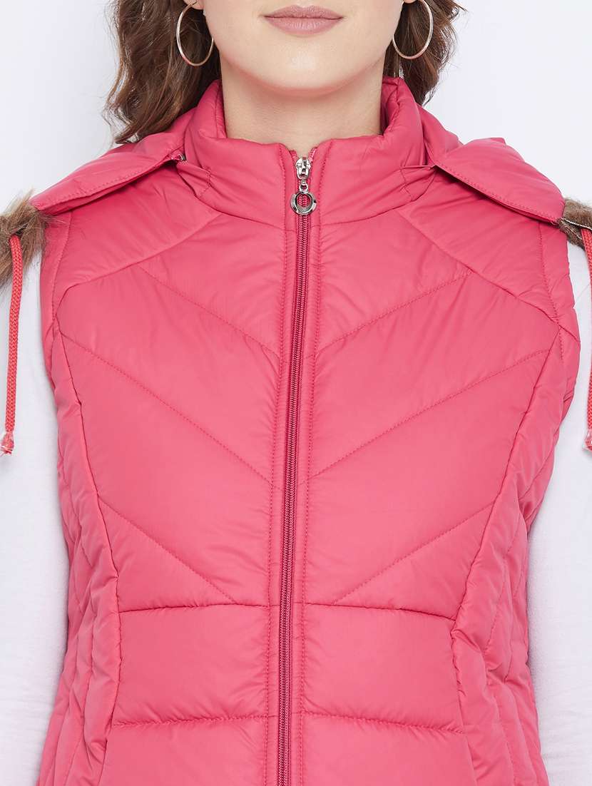 pink solid hooded sleeveless bomber jacket - 20184742 -  Standard Image - 4