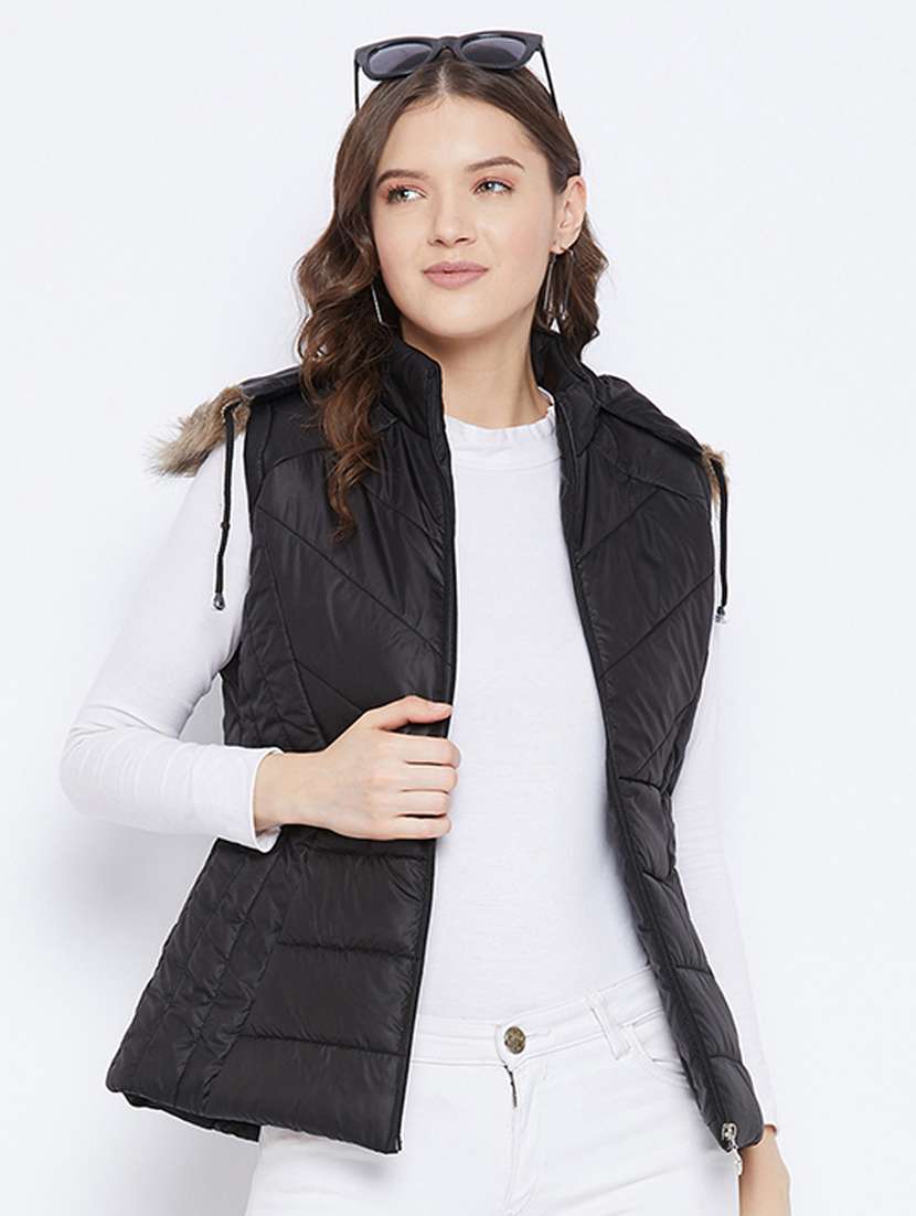 black solid hooded sleeveless bomber jacket - 20184745 -  Standard Image - 1