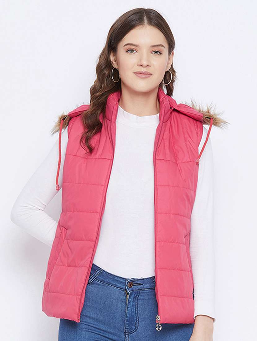 pink solid hooded sleeveless bomber jacket - 20184746 -  Standard Image - 1