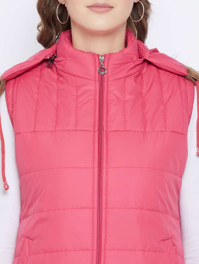 pink solid hooded sleeveless bomber jacket - 20184746 -  Standard Image - 4