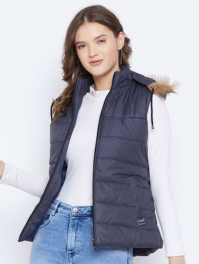navy blue solid hooded sleeveless bomber jacket - 20184747 -  Standard Image - 1