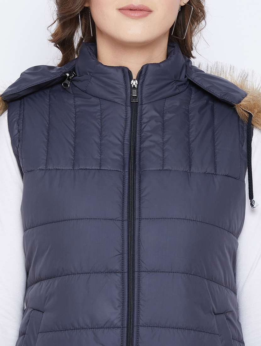 navy blue solid hooded sleeveless bomber jacket - 20184747 -  Standard Image - 4