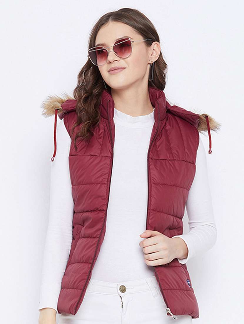 maroon solid hooded sleeveless bomber jacket - 20184748 -  Standard Image - 1